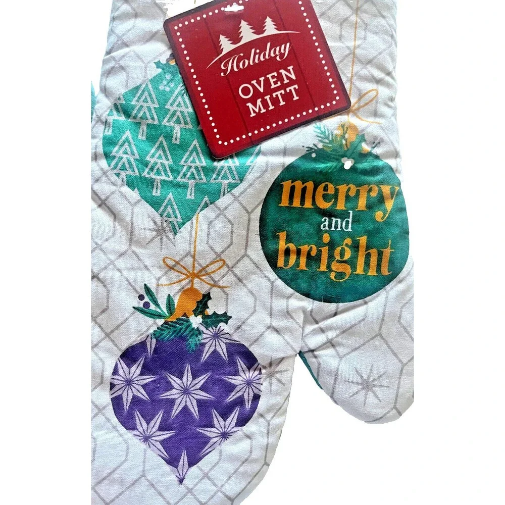 Christmas Oven Mitt Potholder White Teal Merry Bright Ornaments Set of 2